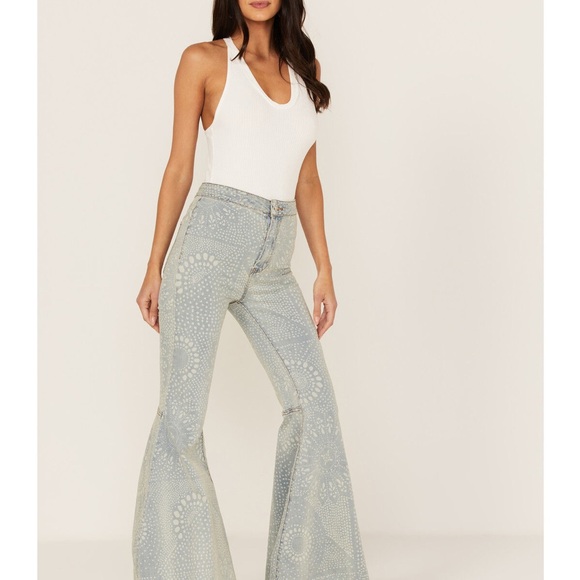 Free People Light Blue Flare Jeans with Pattern - Picture 1 of 5